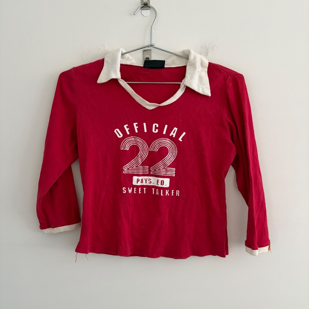 No Boundaries Red Phys Ed Sweet Talker Graphic Polo Shirt Y2K